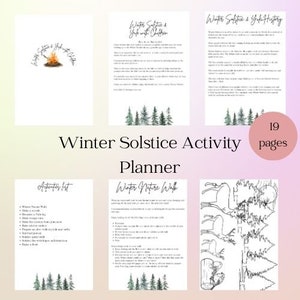 May include: A printable winter solstice activity planner with 19 pages. The planner includes activities like a nature walk, making a solstice wish, and decorating a fire pit. The planner has a watercolor design with trees and a campfire.