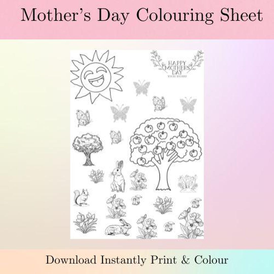 Mother's Day Coloring Page: Bunnies, Flowers, and Trees (printable) - Etsy