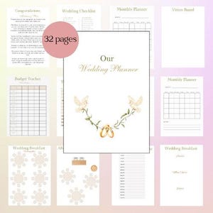Puede incluir: Un planificador de bodas de 32 páginas, con un fondo blanco con un diseño floral y dos anillos dorados. El planificador incluye secciones para un rastreador de presupuesto, un planificador mensual, una lista de verificación de bodas y un tablero de visión.