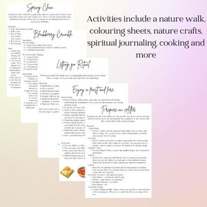 May include: White paper sheets with handwritten text, including recipes and activity instructions. The text includes "Spring Clean", "Blueberry Crumble", "Letting go Ritual", "Enjoy a feast and fire", and "Prepare an After". The image also includes the text "Activities include a nature walk, coloring sheets, nature crafts, spiritual journaling, cooking and more."