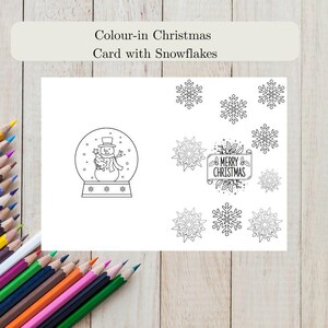 Afdrukbare kerstkaart voor kinderen om in te kleuren A4-kleurkaart met sneeuwvlokken Leuke doe-het-zelfactiviteit voor kinderen Kerstknutsels
