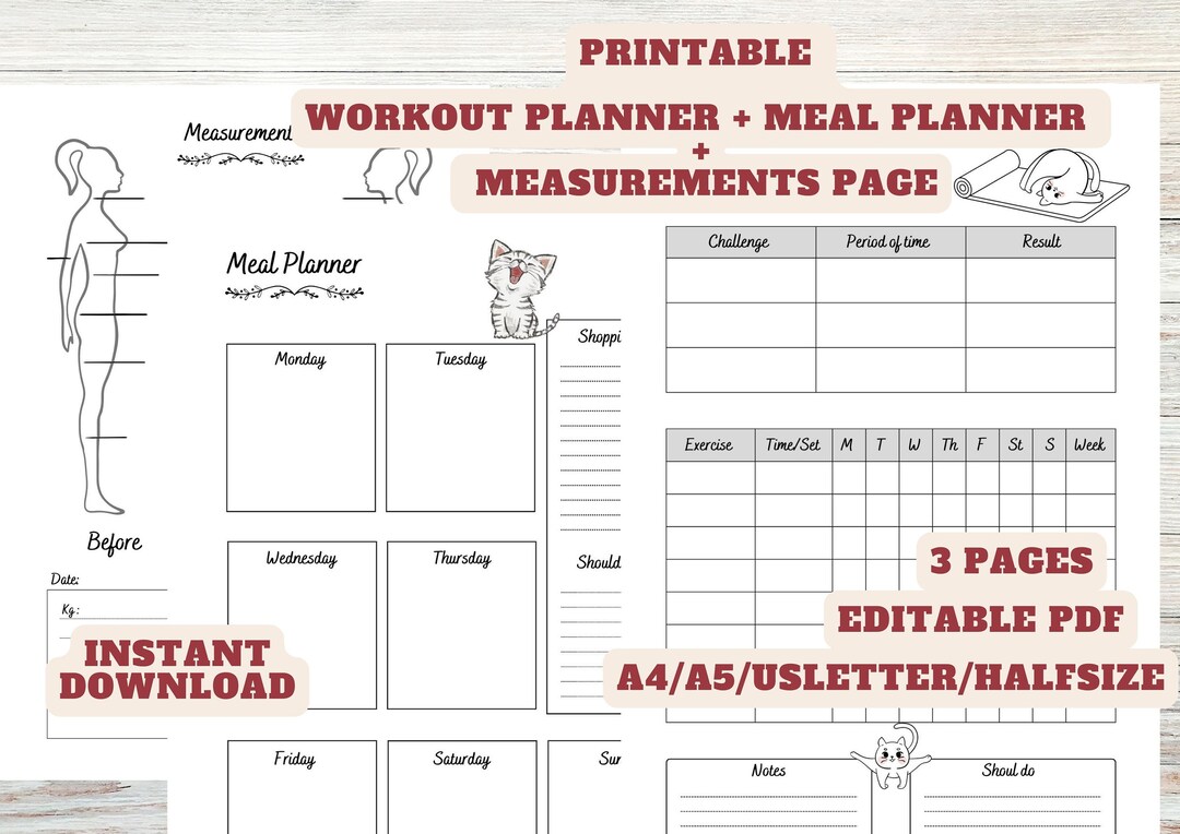 Printable Workout Planner Printable Meal Planner Measurements Goal