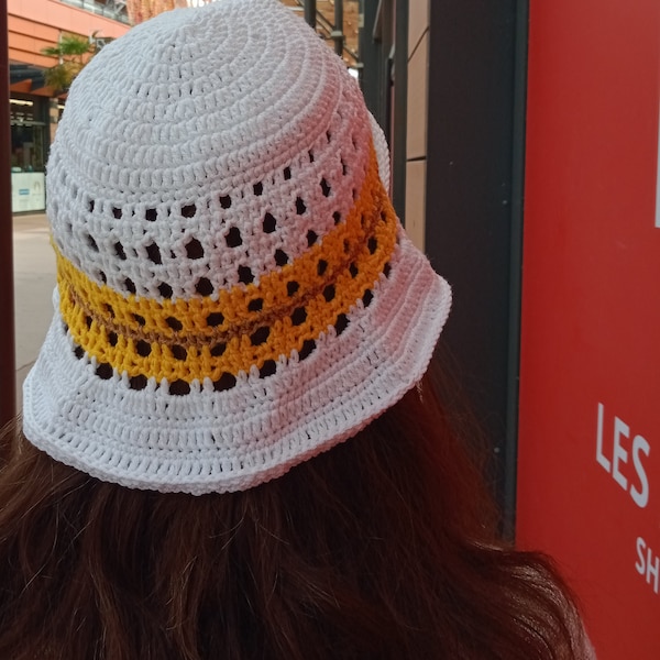 Handmade Cotton Crochet Hat for Summer Adventures- Sunshine Stripes