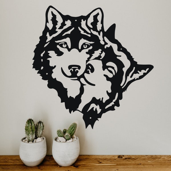 Décoration murale en métal pour intérieur ou extérieur. COUPLE DE LOUPS