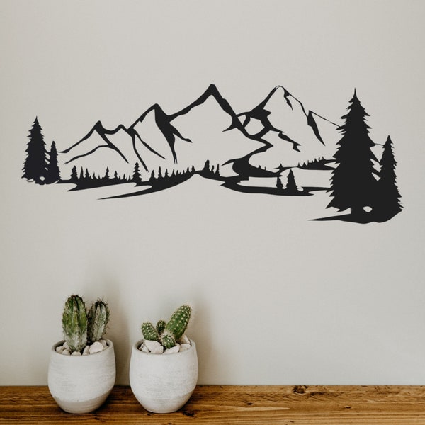 Décoration murale en métal pour intérieur ou extérieur. MONTAGNES AVEC SAPIN