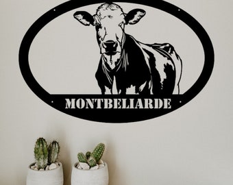Metalen wanddecoratie voor binnen of buiten. OVAAL MONTBELIARDE KOE