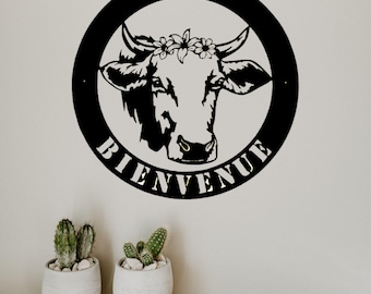 Metalen wanddecoratie voor binnen en buiten. KOE WELKOM