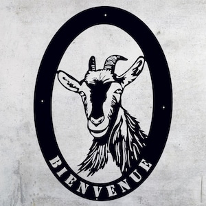 GOAT with oval WELCOME - Metal wall decoration, 60 cm, black powder-coated paint, for indoor and outdoor use