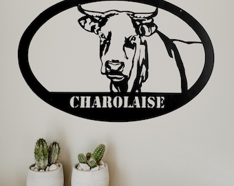 Metalen wanddecoratie voor binnen en buiten. OVALE CHAROLAISE KOE