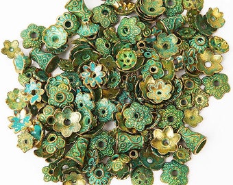 150 Pcs Antique Green Gold End Bead Caps, for Jewelry Making, Necklace Bracelet DIY Accessories, Unique Bead Cap Patterns, Bead Accents