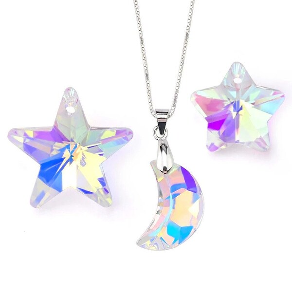 Crystal Moon & Star Beads, 8/15/28 Pcs, 14/18/20mm, Iridescent Effect Glass Star Pendant for DIY Jewelry Accessories, Earring, Necklace