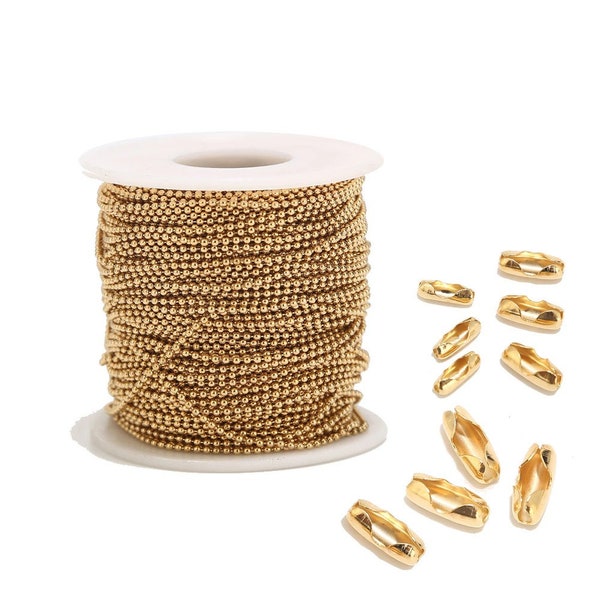 Chaînes à billes en perles d'or 2 m, 1,6 mm/2,0 mm/2,4 mm chaîne à billes militaire en acier inoxydable pour hommes, femmes, fabrication de colliers + 10 connecteurs assortis