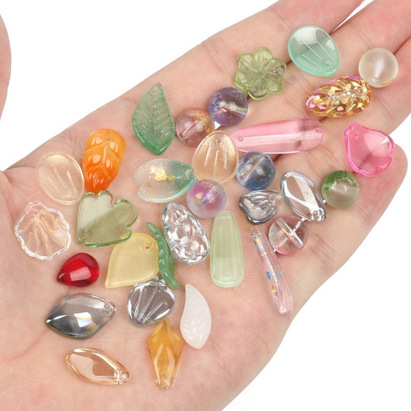 Mixed Shape Leaves Flower Beads Bag, Czech Glass Loose Spacer Beads, Random Assorted Charms for Jewelry Making DIY Accessories