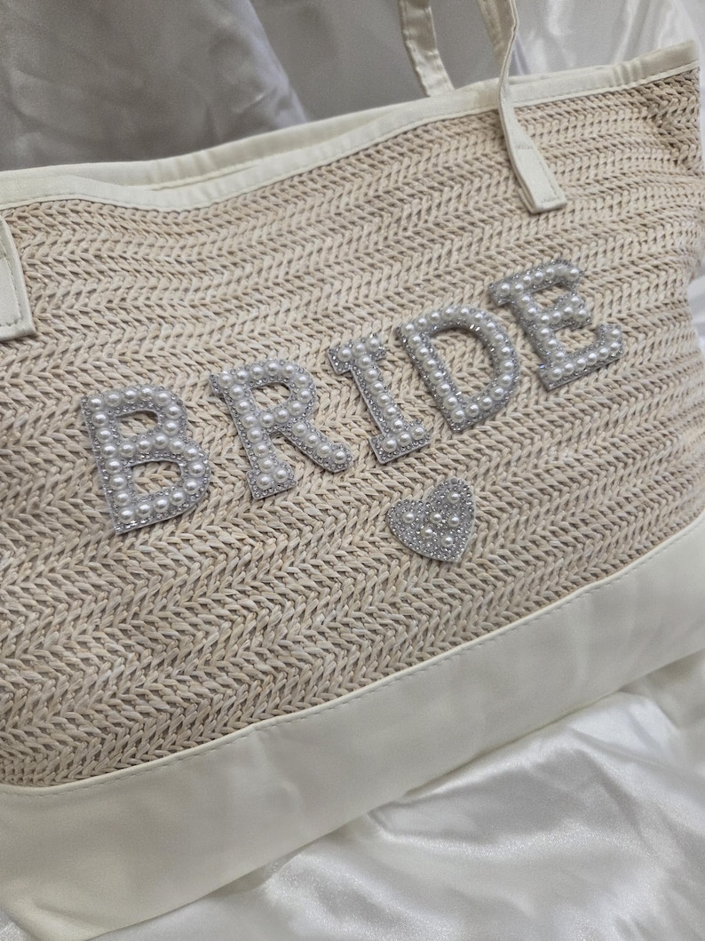 bride beach bag,batchelorette beach bag, tote bag,personalised bag,bride gift,hen party gift, wedding honeymoon straw bag, personalised bag afbeelding 5