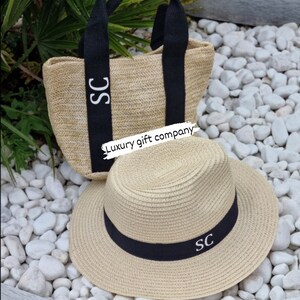 personalised monogram beach hat beach bag set,beach hat, straw fedora hat