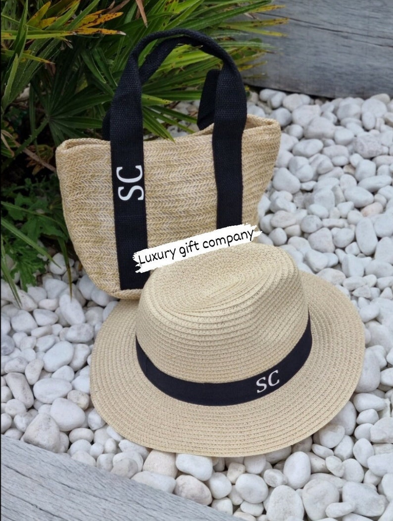 personalised monogram beach hat beach bag set,beach hat, straw fedora hat