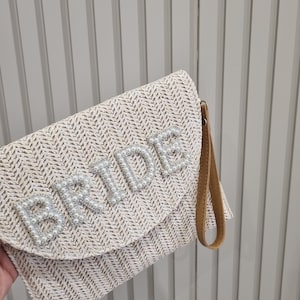 Personalized Pearl Bride Straw Clutch Bag, Hen Party Gift