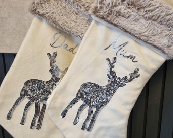 personalised Christmas stocking,Christmas stocking, reindeer Christmas stocking, modern Christmas stocking, cream Christmas stocking, grey