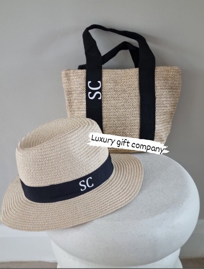 personalised monogram beach hat beach bag set,beach hat, straw fedora hat