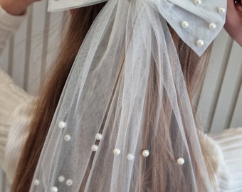 Bridal Bow,hen Party Pearl Veil, Pearl Bride Hair Bow, Bride Veil Bow ,Bridal Hair Accessory, Wedding Hair Accessories for Bride