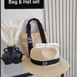personalised monogram beach hat beach bag set,beach hat, straw fedora hat