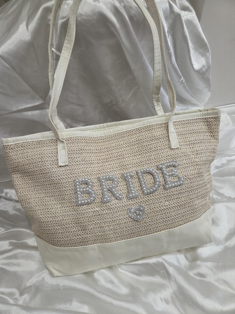 bride beach bag,batchelorette beach bag, tote bag,personalised bag,bride gift,hen party gift, wedding honeymoon straw bag, personalised bag afbeelding 4