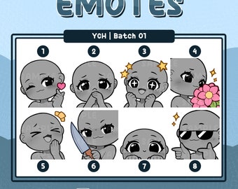 May include: Eight different cartoon character emotes with various expressions, including winking, blushing, surprised, and holding a knife. The emotes are in a grid format with numbers 1 through 8.