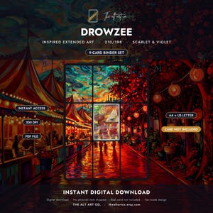 May include: A digital 9-card binder set featuring Drowzee inspired extended art from Scarlet & Violet. The image displays a carnival scene with red tents, glowing lanterns, and a vibrant sky. Text includes INSTANT ACCESS, 300 DPI, PDF FILE, and A4 + US LETTER.