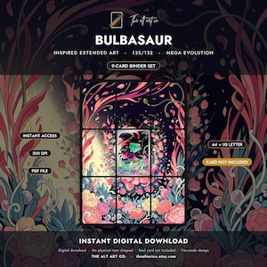 Op de afbeelding: Een 9-kaarten binder set digitale download met Bulbasaur geïnspireerde uitgebreide kunst. Het ontwerp bevat roze en gele bloemen, donker gebladerte en de tekst Bulbasaur, 133/132, Mega Evolution, Instant Access, 300 DPI, PDF File, A4 + US Letter.