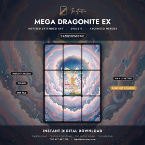 May include: A 9-card binder set digital download featuring Mega Dragonite EX inspired extended art. The design includes a central card surrounded by a continuous pastel cloud and star pattern. Text includes Mega Dragonite EX, 290/217, Ascended Heroes, Instant Access, 300 DPI, PDF File, A4 + US Letter, and Card Not Included.