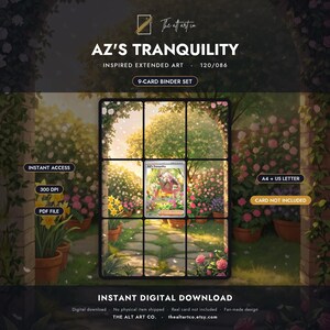 Può includere: Un set di 9 carte per raccoglitore in download digitale intitolato AZ'S TRANQUILITY, con un'illustrazione artistica estesa di un giardino con fiori rosa e gialli. Il design include etichette per accesso istantaneo, 300 DPI, PDF e formato A4.