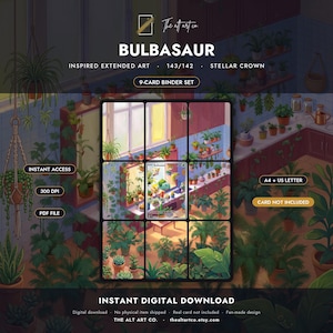 Puede incluir: Un set de 9 cartas para archivador en descarga digital titulado BULBASAUR INSPIRED EXTENDED ART. La imagen muestra una cuadrícula de nueve paneles con una habitación llena de plantas, vegetación en macetas, plantas colgantes y un Bulbasaur.