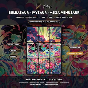 Könnte beinhalten: Ein 6-teiliges Ordner-Set als digitaler Download mit erweiterter Kunst von Bulbasaur, Ivysaur und Mega Venusaur. Das Design zeigt lebendige florale und abstrakte Muster in Pink, Grün und Blau. Der Text umfasst "BULBASAUR IVYSAUR MEGA VENUSAUR", "INSTANT DIGITAL DOWNLOAD", "300 DPI" und "PDF FILE".