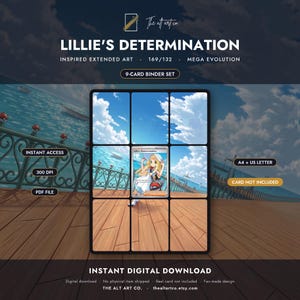 May include: A digital download 9-card binder set titled Lillie's Determination, featuring an extended art design of a character on a wooden pier by the sea. The set includes text labels for instant access, 300 DPI, PDF file, A4 plus US letter size.