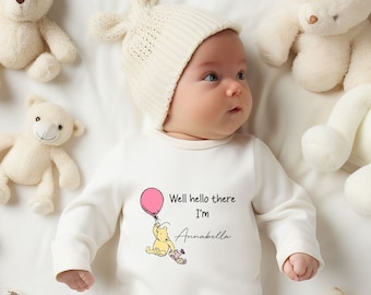 Personalised Well Hello There Classic Winnie the Pooh Baby Rompersuit New Baby Coming Home outfit, Baby announcement Sleepsuit