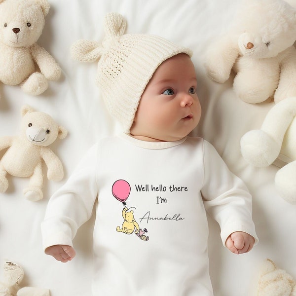 Personalised Well Hello There Classic Winnie the Pooh Baby Rompersuit New Baby Coming Home outfit, Baby announcement Sleepsuit