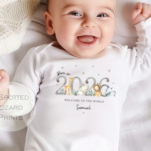 Personalised Born in 2026 Baby Outfit, Coming Home - New baby arrival Vest, Baby Shower Gift - Safari