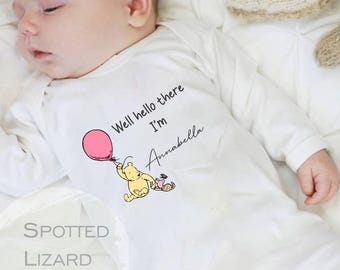 Personalised Well Hello There Classic Winnie the Pooh Baby Rompersuit New Baby Coming Home outfit, Baby announcement Sleepsuit
