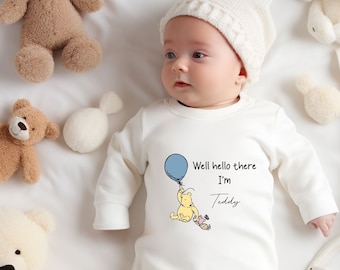 Winnie the Pooh and Piglet Clothes, Personalised Baby Romper or Vest, Well Hello There, Baby pregnancy reveal, Personalised Baby Clothes