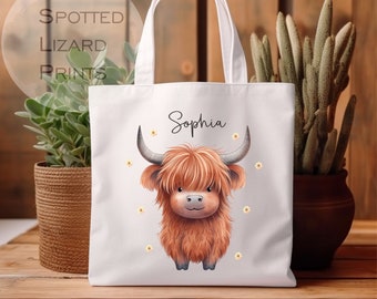 Gepersonaliseerde draagtas Highland Cow | Leuke boodschappentas Highland Cow | Op maat gemaakte ambachtelijke tas | Breitas voor oppas, moeder of oma | Cadeauzakje