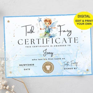 Certificado EDITÁVEL da Fada do Dente | Primeiro Dente Perdido | Fada do Dente Infantil | Modelo Editável para Dente Perdido, para Download Instantâneo, Canva