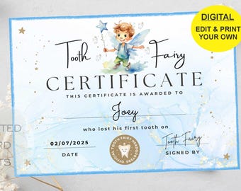 EDITABLE Tooth Fairy Certificate | First Tooth Lost | Kids Tooth Fairy | Lost Tooth Editable Template Printable Instant Download, Canva