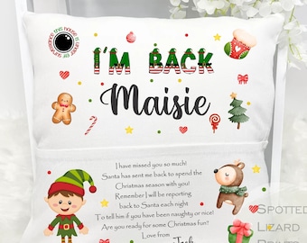 Personalised Elf Christmas Cushion, Elf Return, I'm back Pocket Bed Pillow. Christmas Cushion