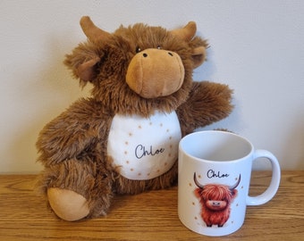 Highland Cow Gift set, Personalised Gift, Highland Cow Teddy, Cow Mug, Unique personalised Gifts, Mothers Day, Enamel Mug, Gift for Mum
