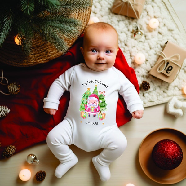 Personalisierte erste Weihnachten Baby Strampler / Westen - mein erstes Weihnachten Schlafanzug - 1st Xmas Santa Claus