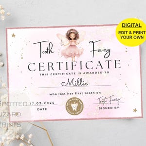 EDITABLE Tooth Fairy Certificate | First Tooth Lost | Kids Tooth Fairy | Lost Tooth Editable Template Printable Instant Download, Canva