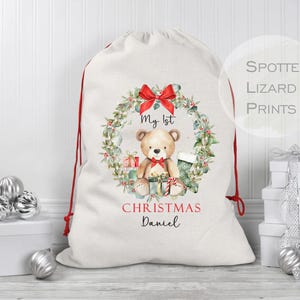 Personalised Teddy Santa Sacks | Linen Kids Stockings, Girls/Boys Xmas Gift Bag / Xmas Gift Bag / Post / Christmas Eve sack