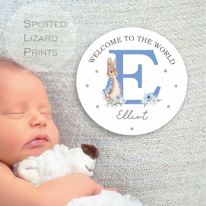 May include: A white and blue round sticker with the text "Welcome to the World" and the letter "E" in blue. A cartoon rabbit wearing a blue jacket is next to the letter. The name "Elliot" is written below the letter. The sticker has a white background with gray stars.