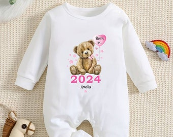 Born in 2024 Baby Vest, Baby Rompersuit- New baby arrival Vest, Rompersuit - Teddy Bear