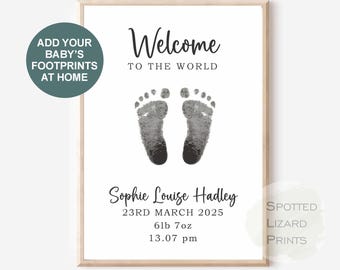 Gepersonaliseerde babyvoetafdrukkit | Handafdruk pasgeboren handafdruk | Cadeau geboortegegevens baby | Cadeau kraamcadeau | Muurkunst kinderkamer | A4